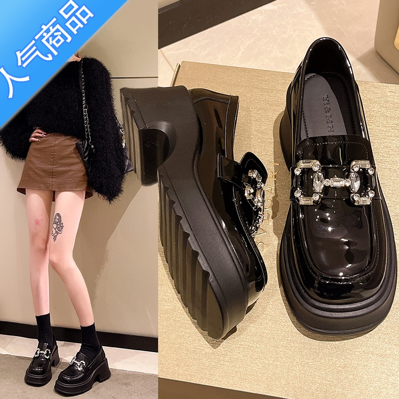 乐福鞋女2023年春季新款时尚水钻一脚蹬高跟厚底显瘦英伦风小皮鞋