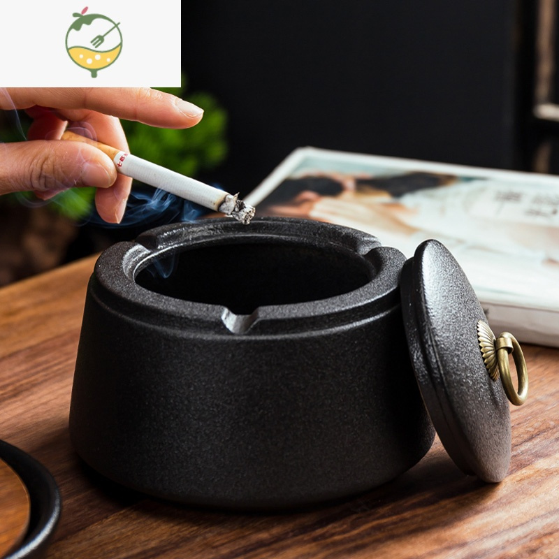 yicheng黑陶烟灰缸家用陶瓷烟缸大号创意时尚卧室客厅带盖防风防飞灰