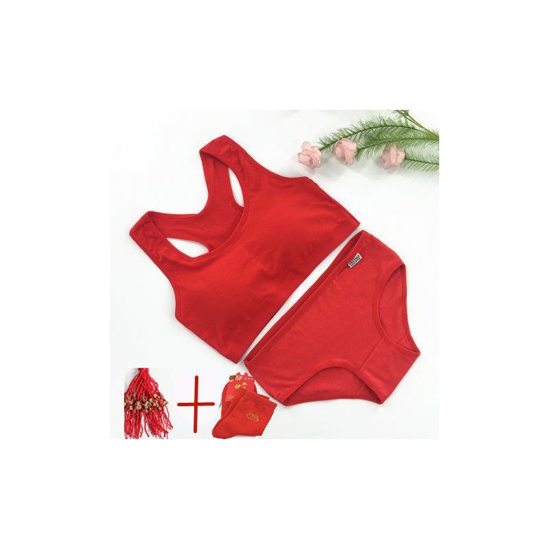 大红本命年发育期少女内衣鸿运中小纯棉海棉垫无钢圈背心|5002套装+袜子 均码L
