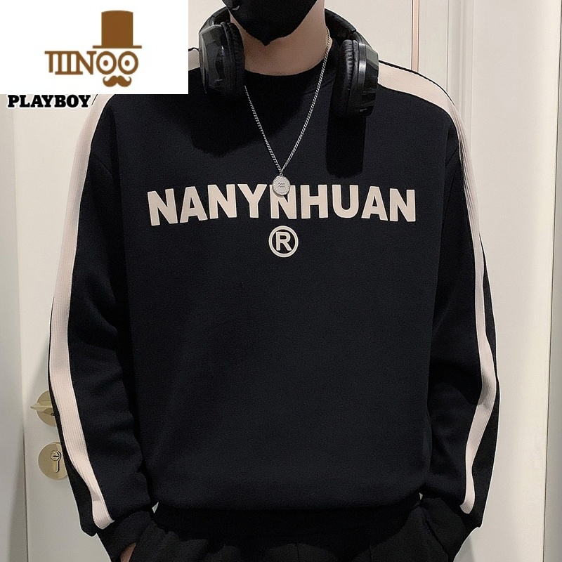 YANXU花花公圆领卫衣男士字母潮流秋季新款打底衫宽松休闲长袖t恤男装高清大图