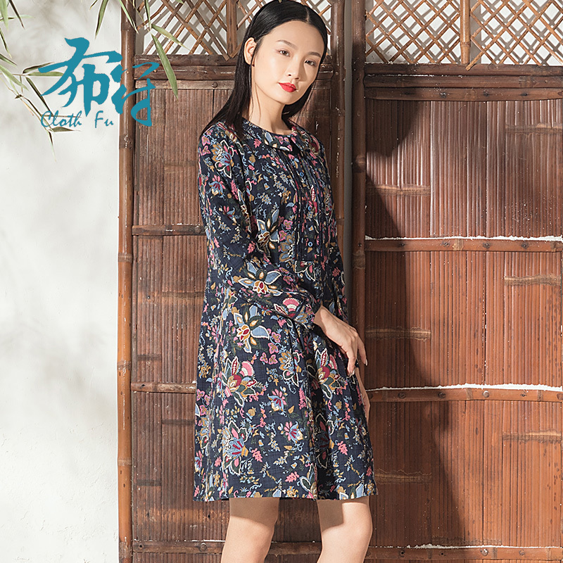 布符秋冬新款复古原创气质淑女中长款裙子加厚个性褶皱棉连衣裙