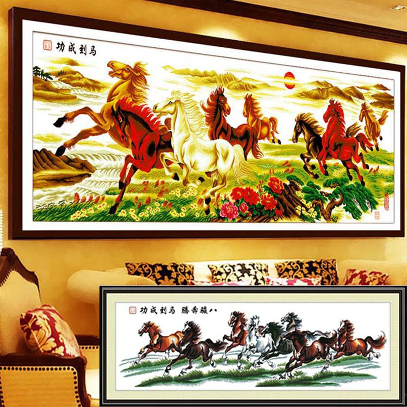 礼氏嘉礼品纯手工八骏图八骏奔腾十字绣成品马到成功2米装饰画出售已