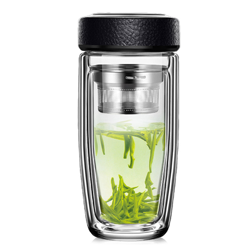 防烫玻璃杯子茶杯380ml 耐热玻璃杯办公车载商务杯男双层玻璃钢水杯女