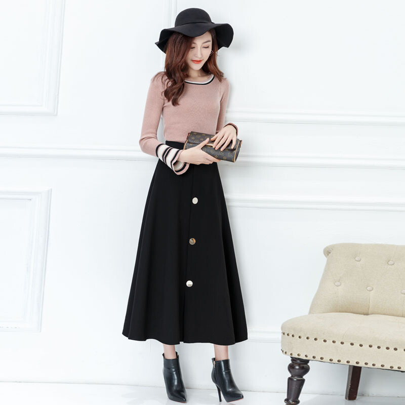 春季新款长裙子大摆半身裙复古单排扣高腰半身长裙春秋大码女裙