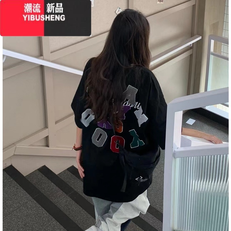 YIBUSHENG美式复古oversize短袖t恤女潮牌欧美高街chic港味半袖上街高清大图