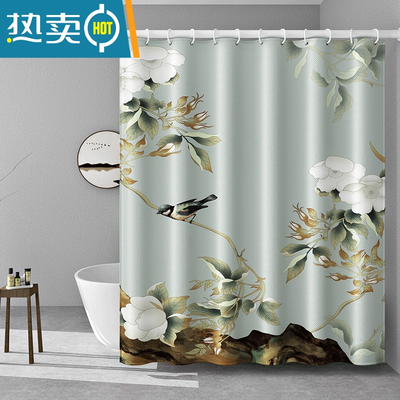 敬平中式浴室防水浴帘布卫生间帘子挂帘洗澡窗帘隔断帘淋浴套装免打孔 玉兰喜鹊 全套帘宽120*高200+伸缩杆(适合墙宽75-120cm)