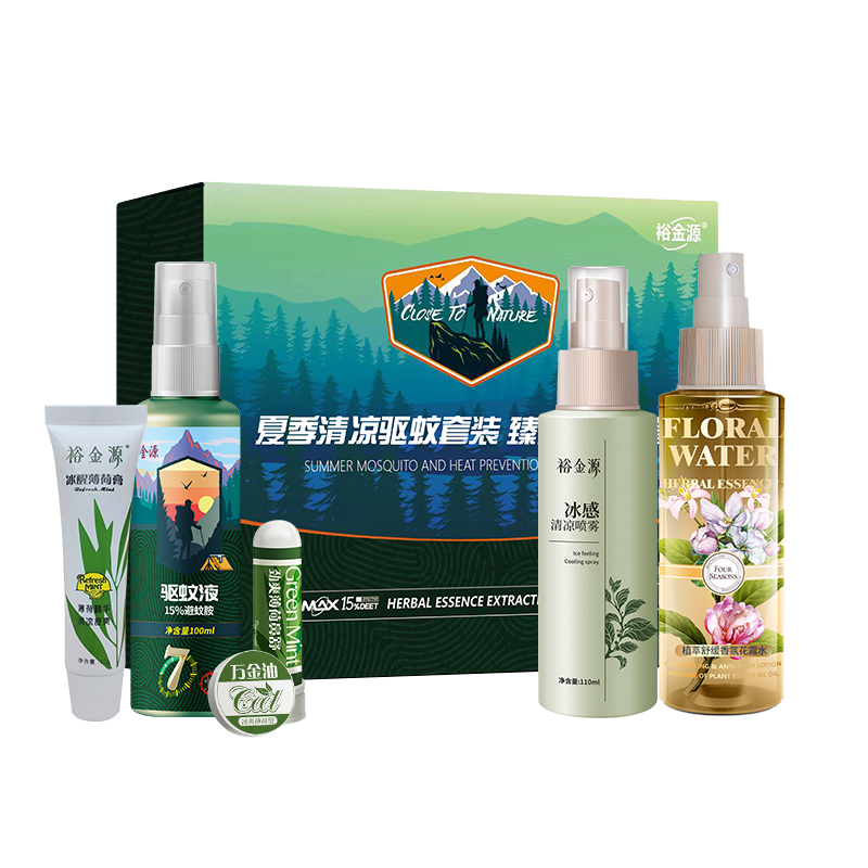 裕金源夏季清凉驱蚊套装驱蚊液110ml+植萃舒缓香氛花露水120ml+冰感清凉喷雾110ml+ 薄荷膏10g+鼻舒1.5高清大图