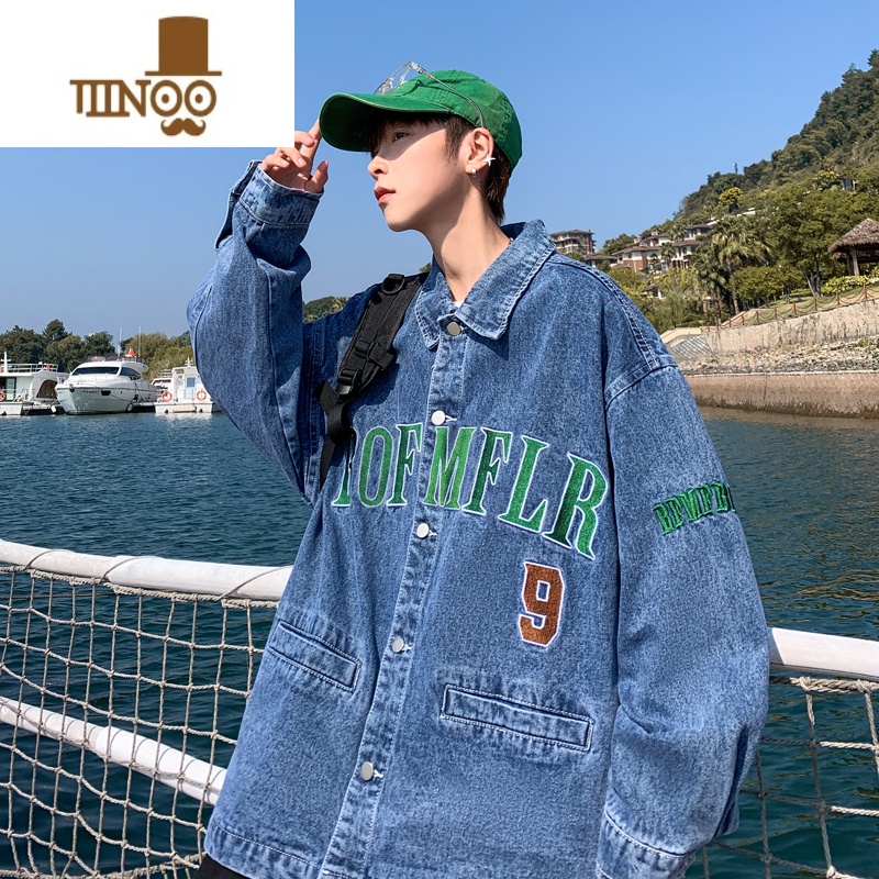 YANXU新款男生牛仔外套日系潮牌ins潮流痞帅宽松百搭翻领刺绣夹克高清大图