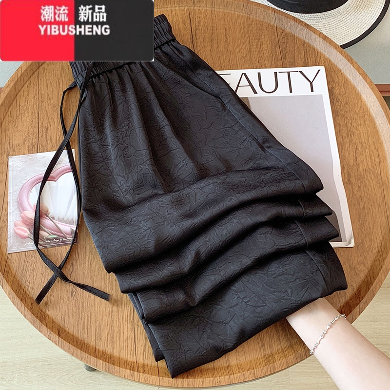 YIBUSHENG200斤大码胖mm冰丝国风阔腿裤女季薄款新中式缎面休闲裤小个子 黑色冰丝缎面 3XL加大码适合135-165斤