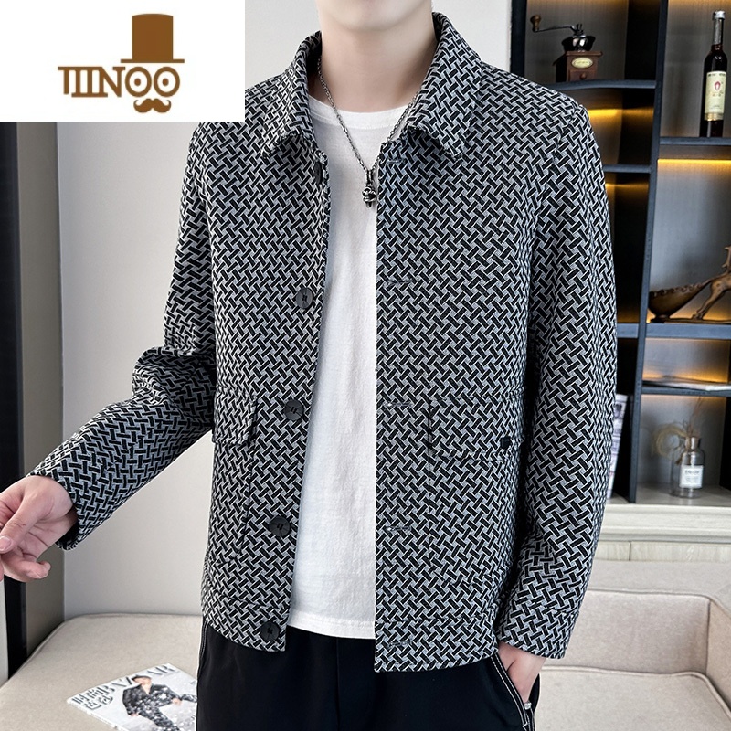 YANXU格子外套男感痞帅潮牌翻领夹克男装韩版休闲百搭短款风衣高清大图