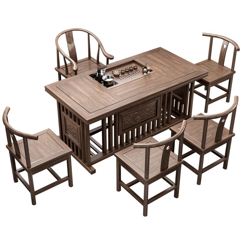 易企采 中式茶桌椅组合实木南榆木功夫茶几茶艺桌小茶台茶道桌子泡喝茶桌茶台胡桃色1.5米茶桌+1圈椅4月牙椅高清大图