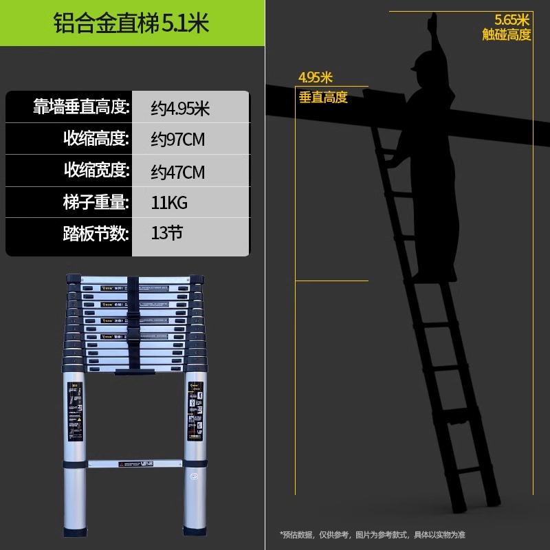 【补贴10%】铝合金伸缩梯加厚不锈钢直梯折叠人字梯升降工程楼梯便携家用梯子 直梯5.1米超厚-航空铝赠送挂钩/靠件/工具箱3选1