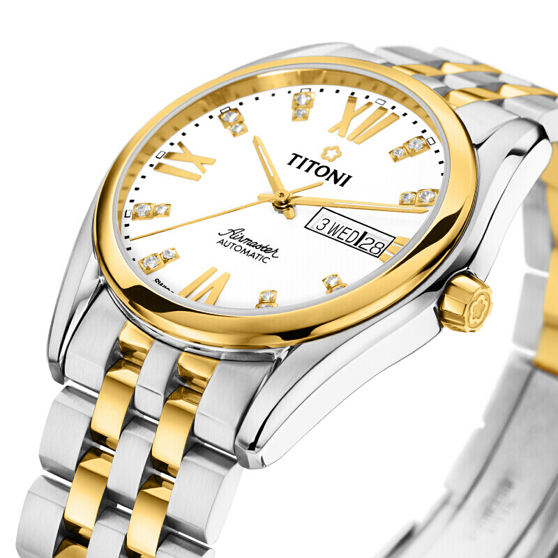 titoni瑞士梅花表男表自动机械手表空中霸王系列罗马表钢带93709sy385