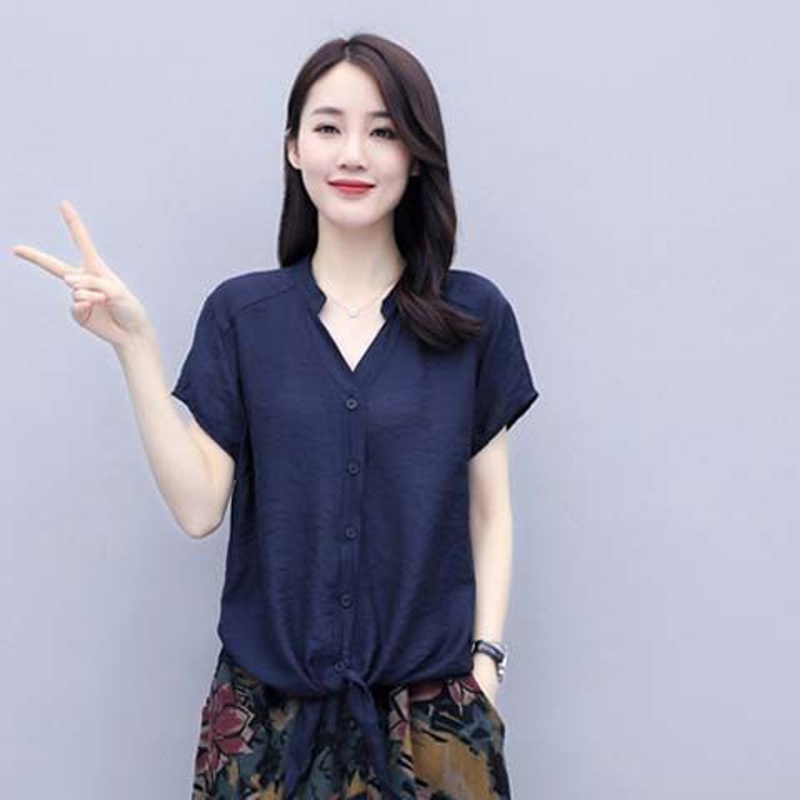 [棉麻/好质量]单/夏天棉麻连衣裙两件套宽松显瘦遮肚子套装裙女 蓝色上衣 单件上衣 M 105斤以内