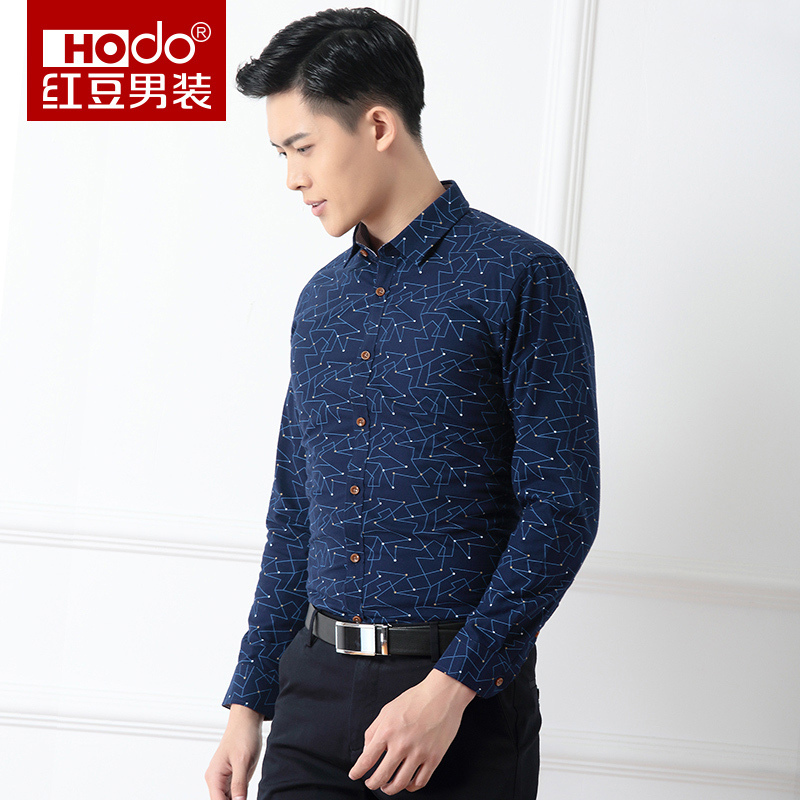 hodo红豆男装冬季男士保暖衬衫小方领印花全棉衬衣加绒加厚保暖衬衫男