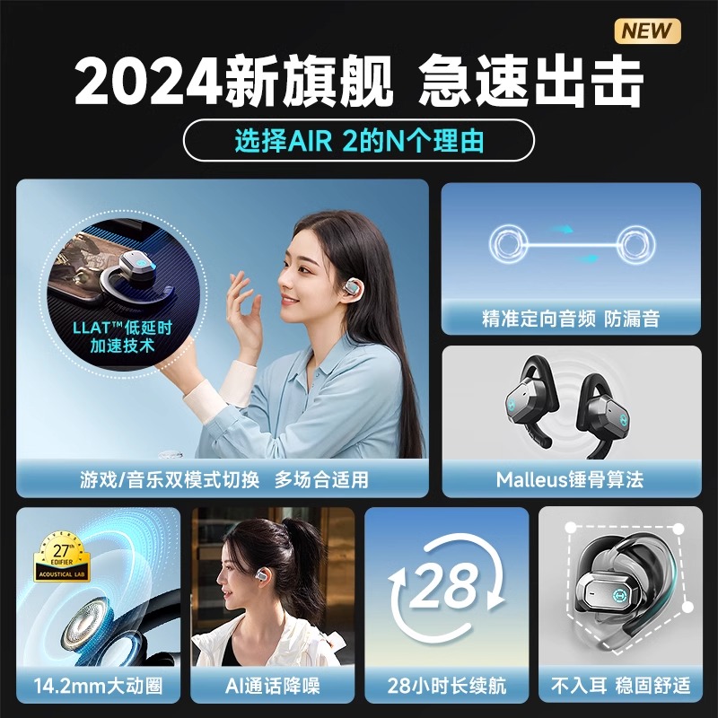 EDIFIER/漫步者AIR2蓝牙耳机无线挂耳式空气传导不入耳开放运动游戏新款骨 武士黑高清大图