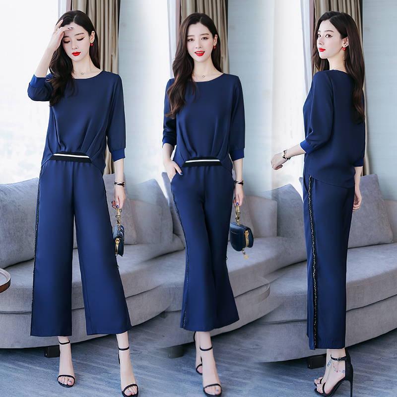 小样传奇 春装套装女气质2019韩版雪纺坠感阔腿裤开叉两件套洋气显瘦