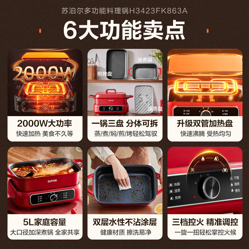 苏泊尔(SUPOR)电火锅 家用多功能锅 电煮锅电蒸锅火锅 多用途烤肉锅 不粘火锅料理锅电热锅 H3423FK863A高清大图