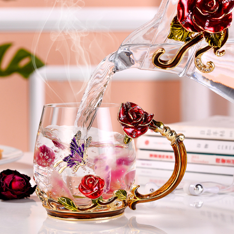 珐琅彩水晶花茶杯随手烘焙精灵水杯玻璃杯子家用欧式咖啡杯带把盖勺礼盒装 [水晶款]红玫瑰矮杯(简装送勺子擦杯布)