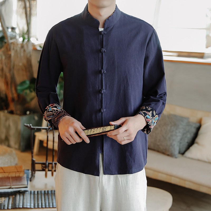 18春中国风盘扣唐装棉麻衬衫加肥加大复古衬衣男长袖中式男装上衣视频