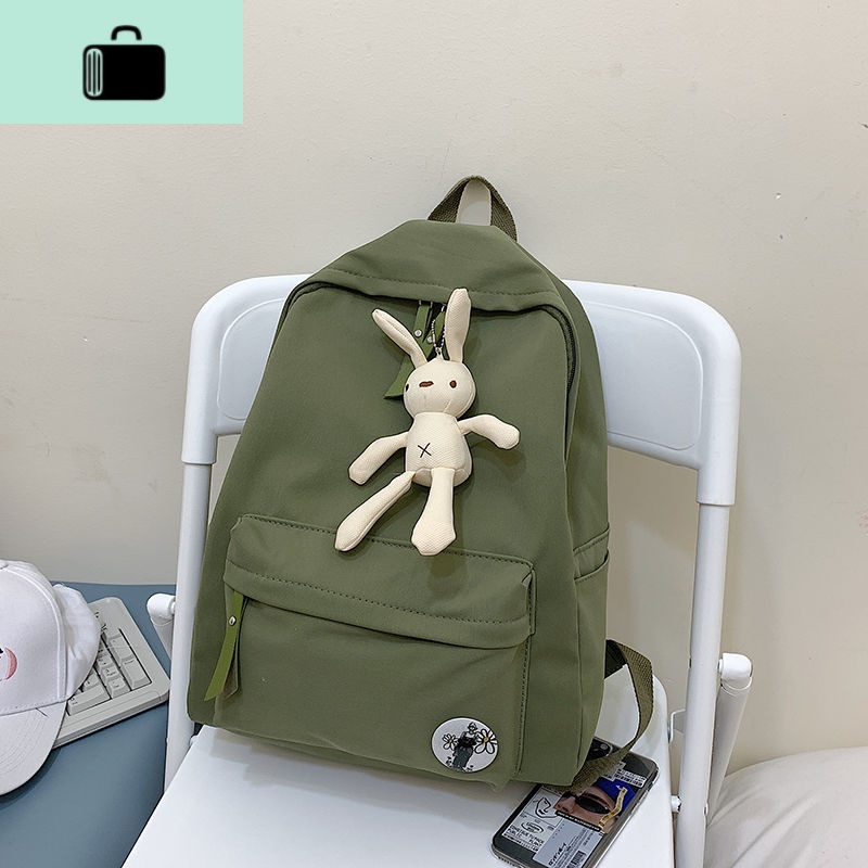 大容量双肩包女韩版2019新款防水ins风学生书包初中时尚休闲背包NEW LAKE 加厚面料带可爱兔挂件绿色