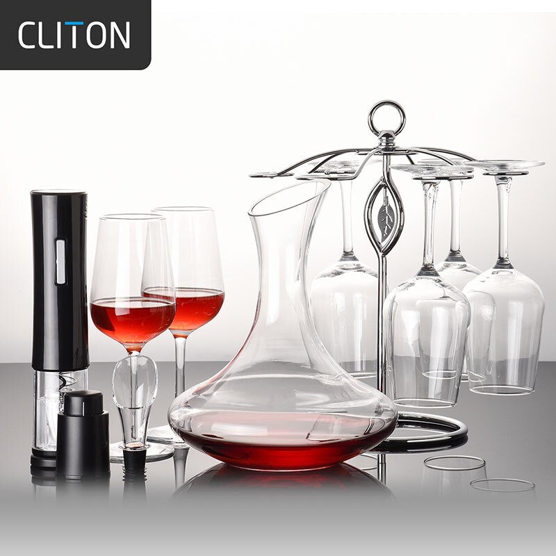 CLITON玻璃红酒杯高脚杯12件酒具套装 家用6葡萄酒杯+醒酒器+电动开瓶器+红酒瓶塞+倒酒器+酒杯架
