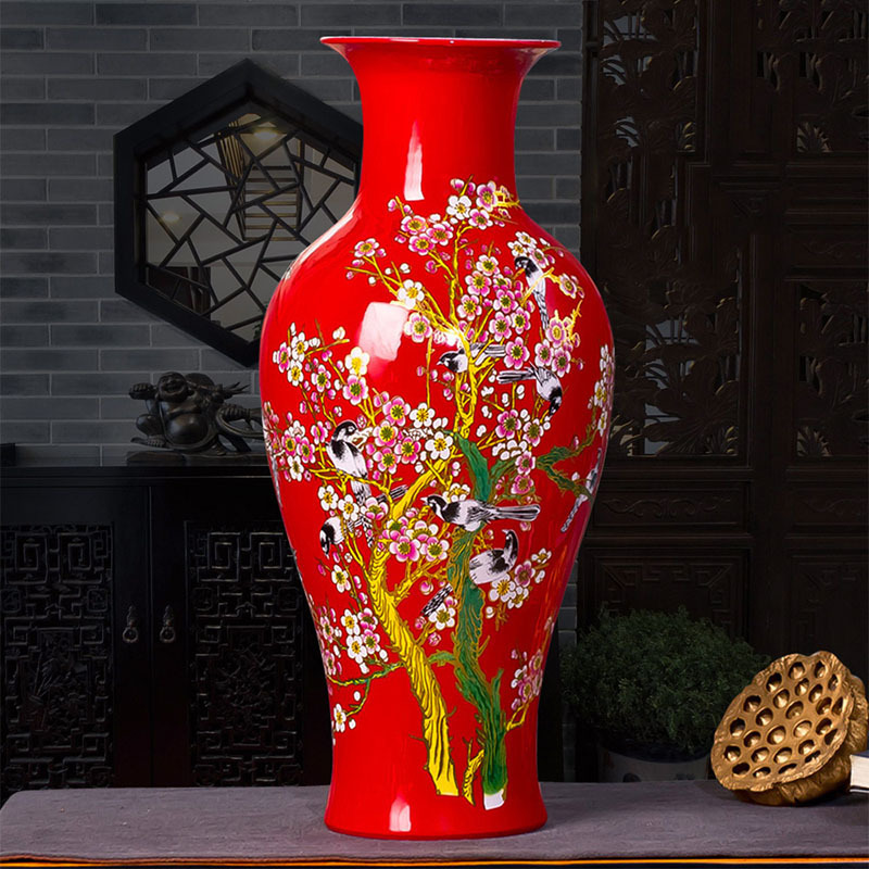瓷物语cwy陶瓷花瓶鲜花干花摆件插花花瓶现代时尚家居装饰品餐桌摆设(红色年年有余冬瓜+送底座)