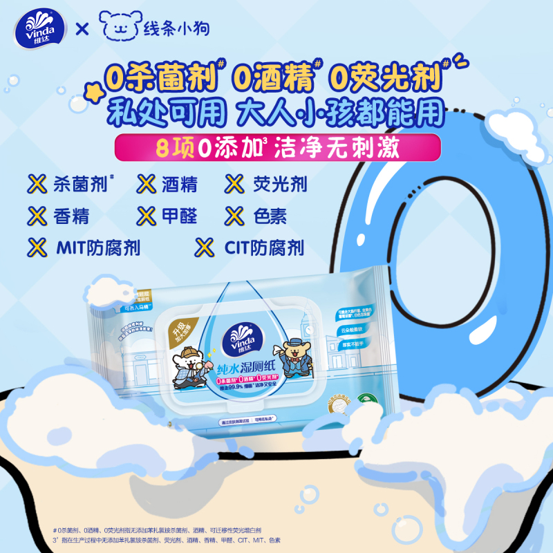 [维达×线条小狗联名]维达纯水湿厕纸80片4包共320片 家用厕所卫生私处清洁擦屁屁专用湿厕纸丢入马桶可冲散高清大图