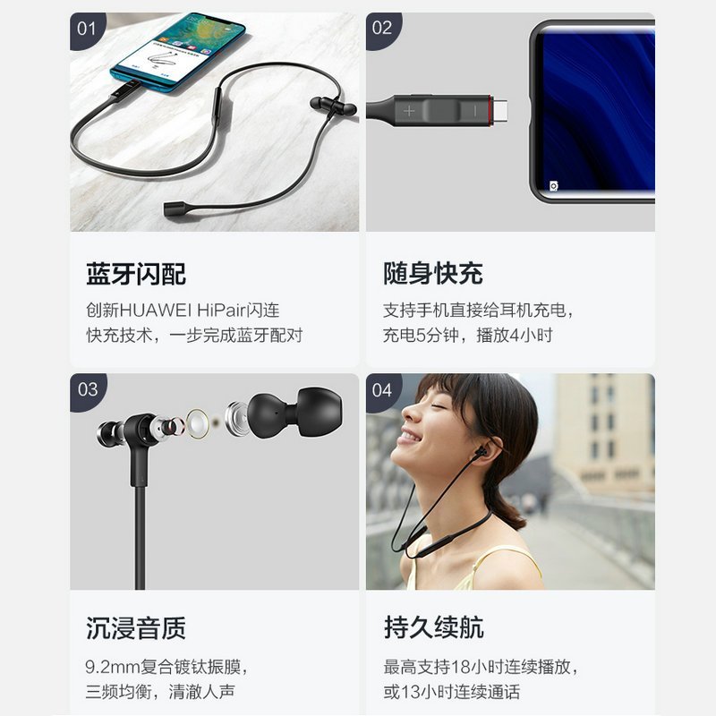 [二手95成新]华为freelace无线耳机 皓月银 挂脖式跑步运动降噪音乐蓝牙耳机 入耳式 闪连快充cm70