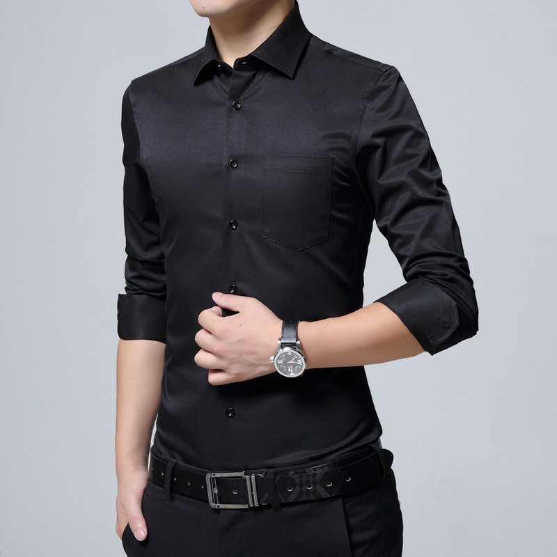 长袖修身职业工作服商务休闲正装寸保暖打底加绒衬衣衬衫 黑色口袋款