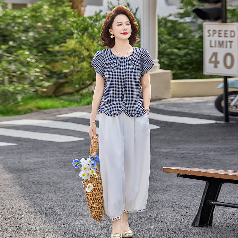 纤孜雅 妈妈夏装格子短袖衬衫阔腿裤两件套中老年时尚减龄套装女新款高清大图