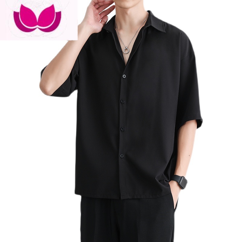 七斓衬衫男夏季宽松薄款冰丝短袖白色五分袖衬衣男士痞帅黑色半袖上衣高清大图