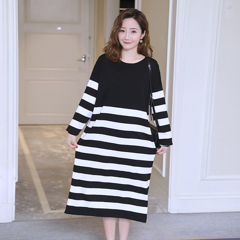 迪鲁奥(DILUAO)孕妇装2021春秋韩版针织条纹宽松孕妇连衣裙休闲中长款外出孕妇裙 黑色 均码图片