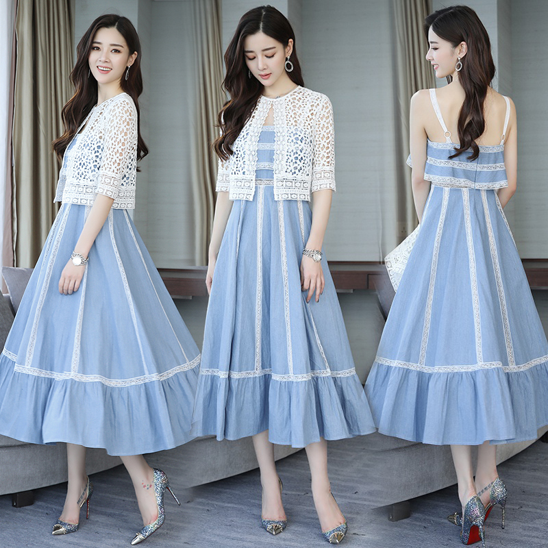 套装女夏女士新品韩版文艺小清新中长款少女学生带牛仔连衣裙子