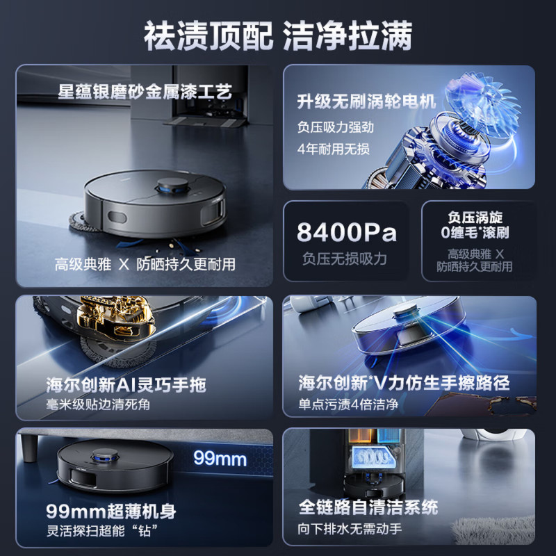 海尔(Haier)扫地机器人LDS激光导航0缠毛滚刷 母婴级除菌智能家用全自动扫吸拖一体机 RHSH-V3SU1上下水版高清大图