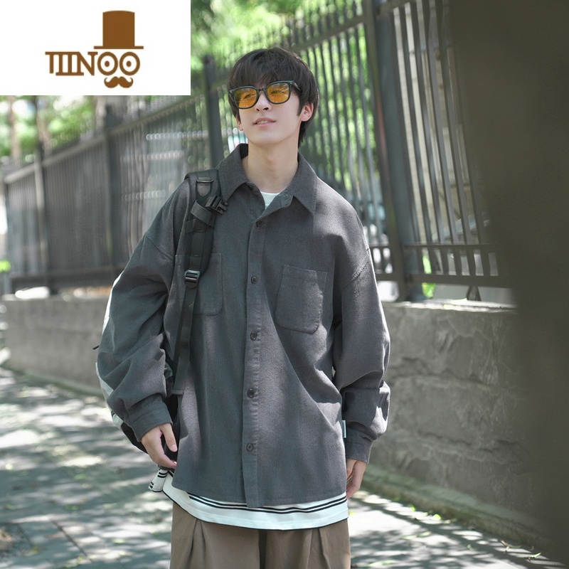YANXUE2023秋季新款男长袖衬衫无弹日系复古纯色百搭休闲学生衬衣高清大图