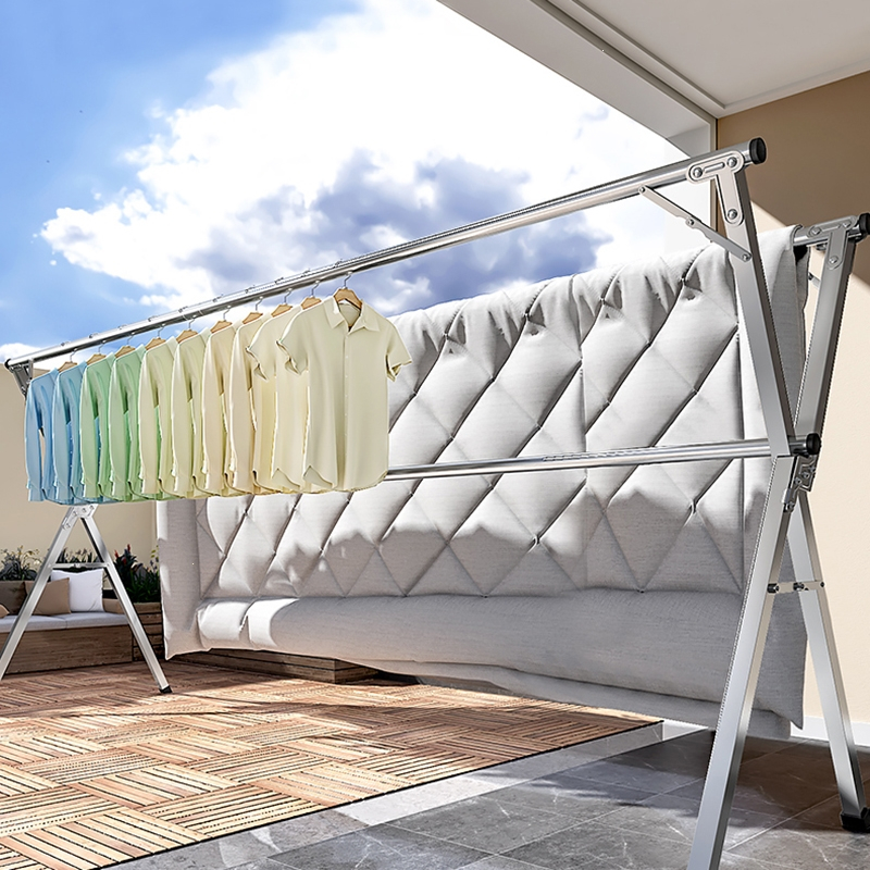 它墅晾衣架落地折叠室内家用阳台卧室室外伸缩凉衣杆晒被子