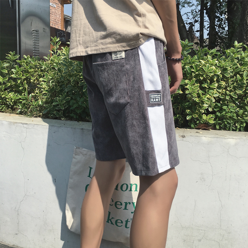 夏款灯芯绒短裤中袖裤男士裤子潮港风休闲裤夏天沙滩裤七分大裤衩