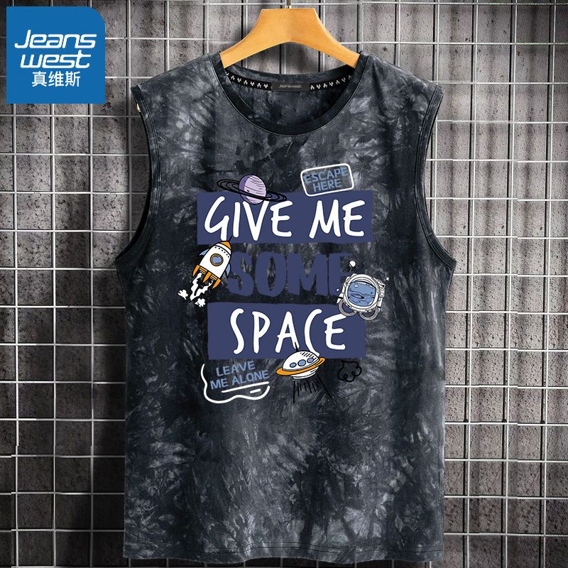 真维斯扎染无袖背心纯棉男夏季设计感t恤青少年宽松纯棉潮流汗衫