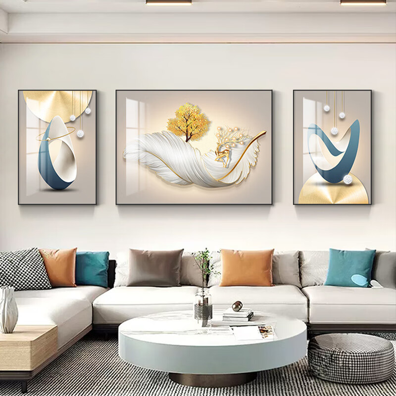 维诺亚轻奢羽毛客厅装饰画感三联画沙发背景墙挂画简约大气壁画高清大图