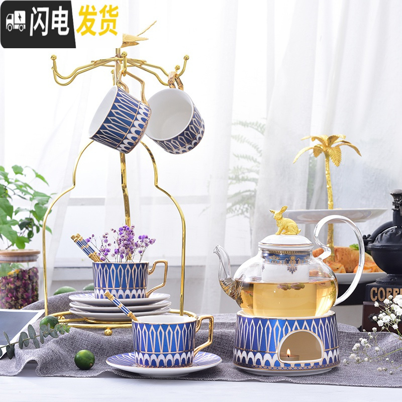 三维工匠英式下午茶茶具花茶杯套装家用欧式北欧水果茶壶玻璃日式蜡烛加热 光辉岁月亮丽粉1壶1加热炉座4杯4勺(无碟)+托盘
