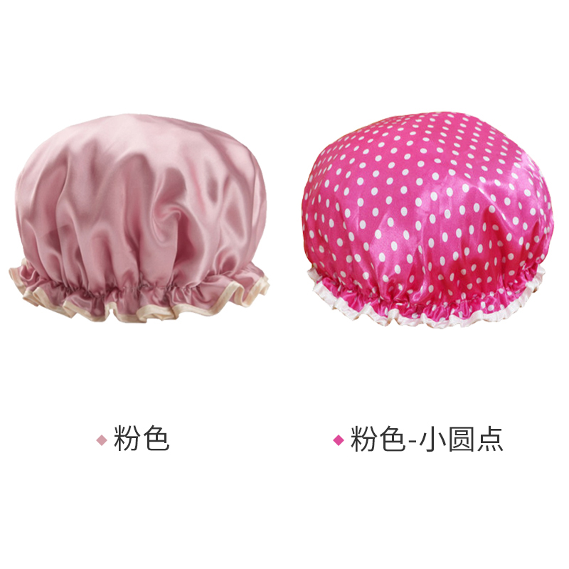 网红沐浴帽女防水长发洗澡双层加厚儿童成人款家用厨房防油防烟潮 三维工匠 [2个装]粉色+粉色小圆点高清大图