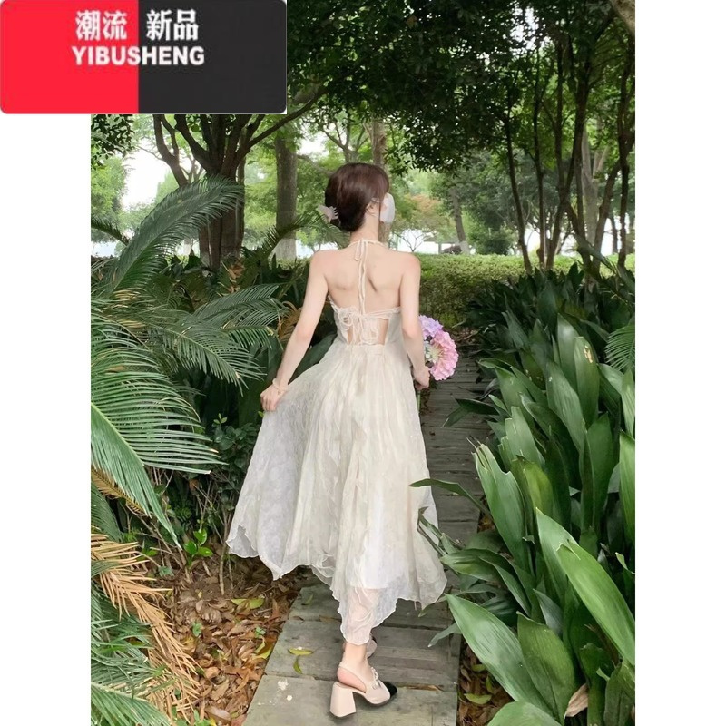 YIBUSHENG法式露背挂脖吊带连衣裙女季2024新款甜美气质海边度假雪纺长裙