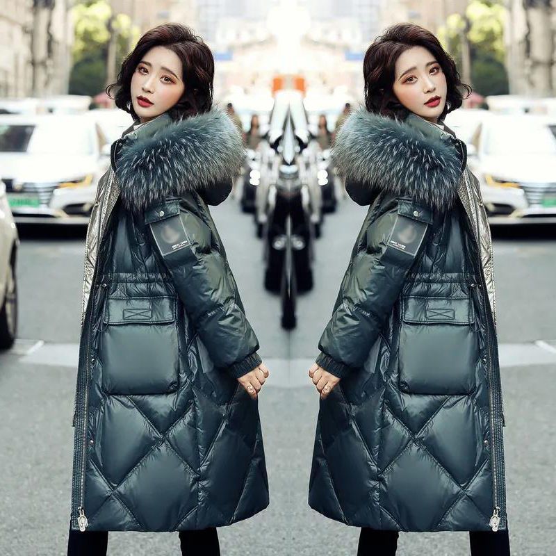 欣鸿茗亮面羽绒服女中长款韩版宽松显瘦收腰大毛领免洗加厚黑色外套潮