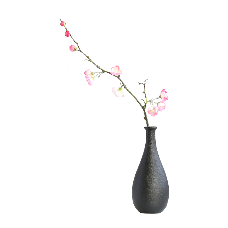 陶瓷花瓶简约黑陶客厅家居装饰品摆件日式复古黑色陆宝干花插花器 三维工匠 师师+2支小山菊[粉]高清大图