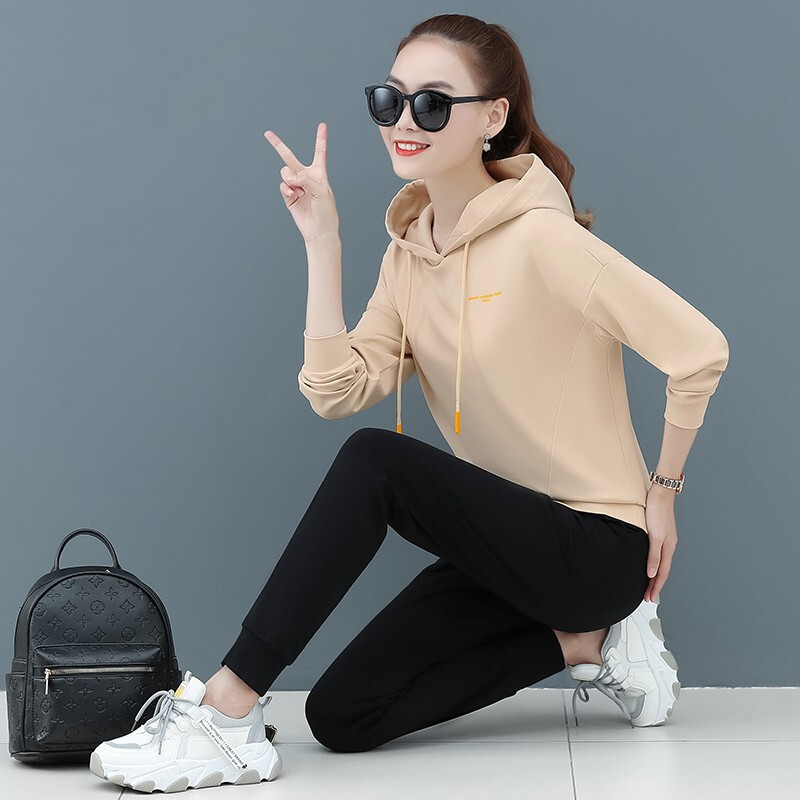 均妮品牌运动套装女春秋棉质青年女士时尚卫衣运动装女简约易搭套头连