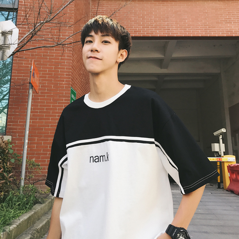 韩国日韩风字母拼色短袖t恤男夏季学生班服帅气帅气休闲半袖体恤