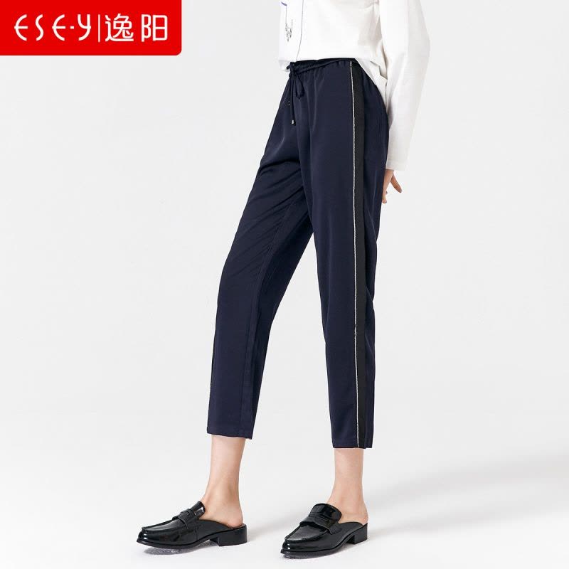 逸阳女裤九分哈伦裤女2020春季新款宽松运动松紧腰侧条纹休闲裤子图片