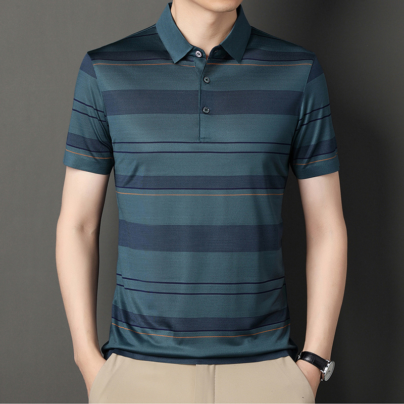 正品夏季新款桑蚕丝短袖T恤男中年休闲冰丝翻领POLO衫 豆绿-72963 170/L建议120-135斤