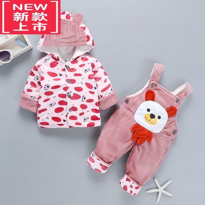 可莉允宝宝秋冬套装加厚0-1-2周岁婴儿秋冬外出服灯芯绒背带裤两件套棉服图片